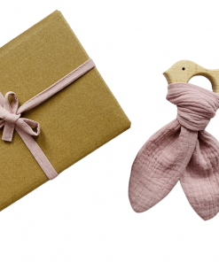 Drewniany gryzaczek z muślinem - ptaszek