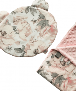 Komplet do wózka poduszka miś + kocyk, kwiaty